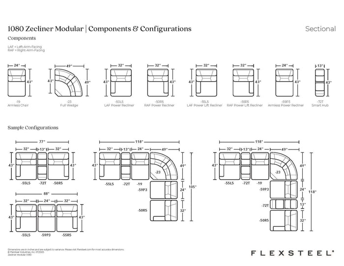 Zecliner Modular Power Sleep Modular Sectional with Power Headrest, Lumbar, Heat, & Massage