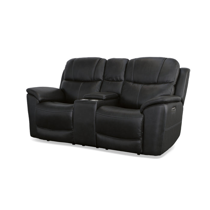 Black Loveseat with Console Crew 1783 Leather Collection by Flexsteel