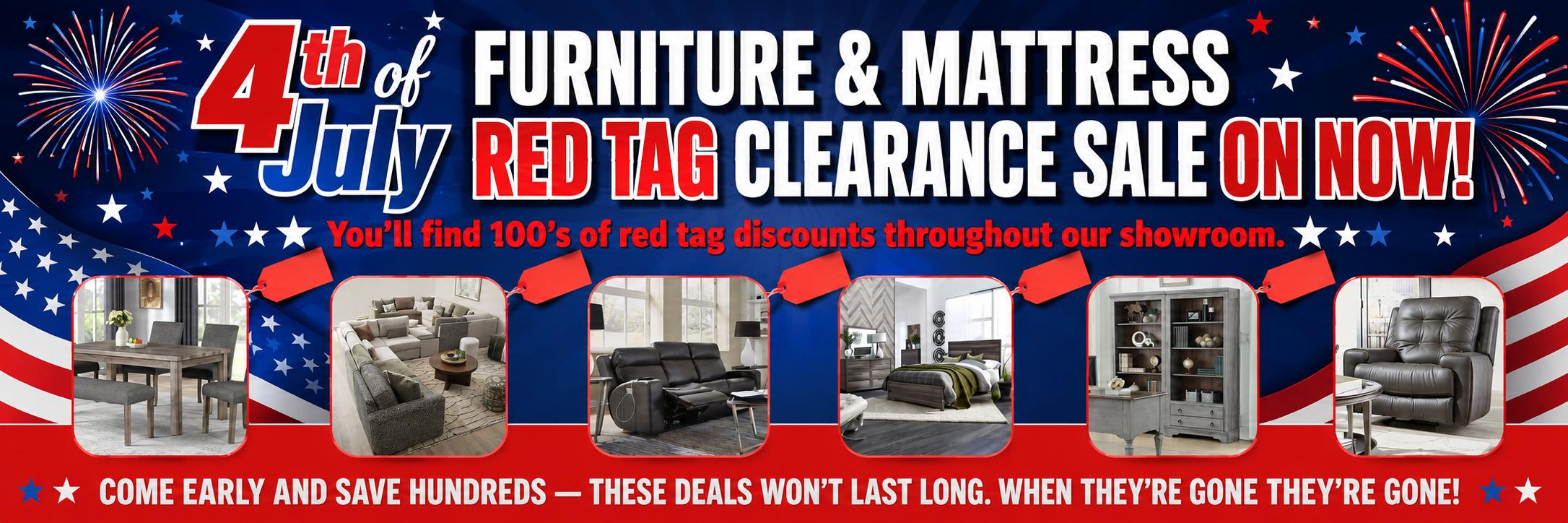 Promotional banner for 4th of July furniture and mattress sale with images of furniture and text about red tag clearance.