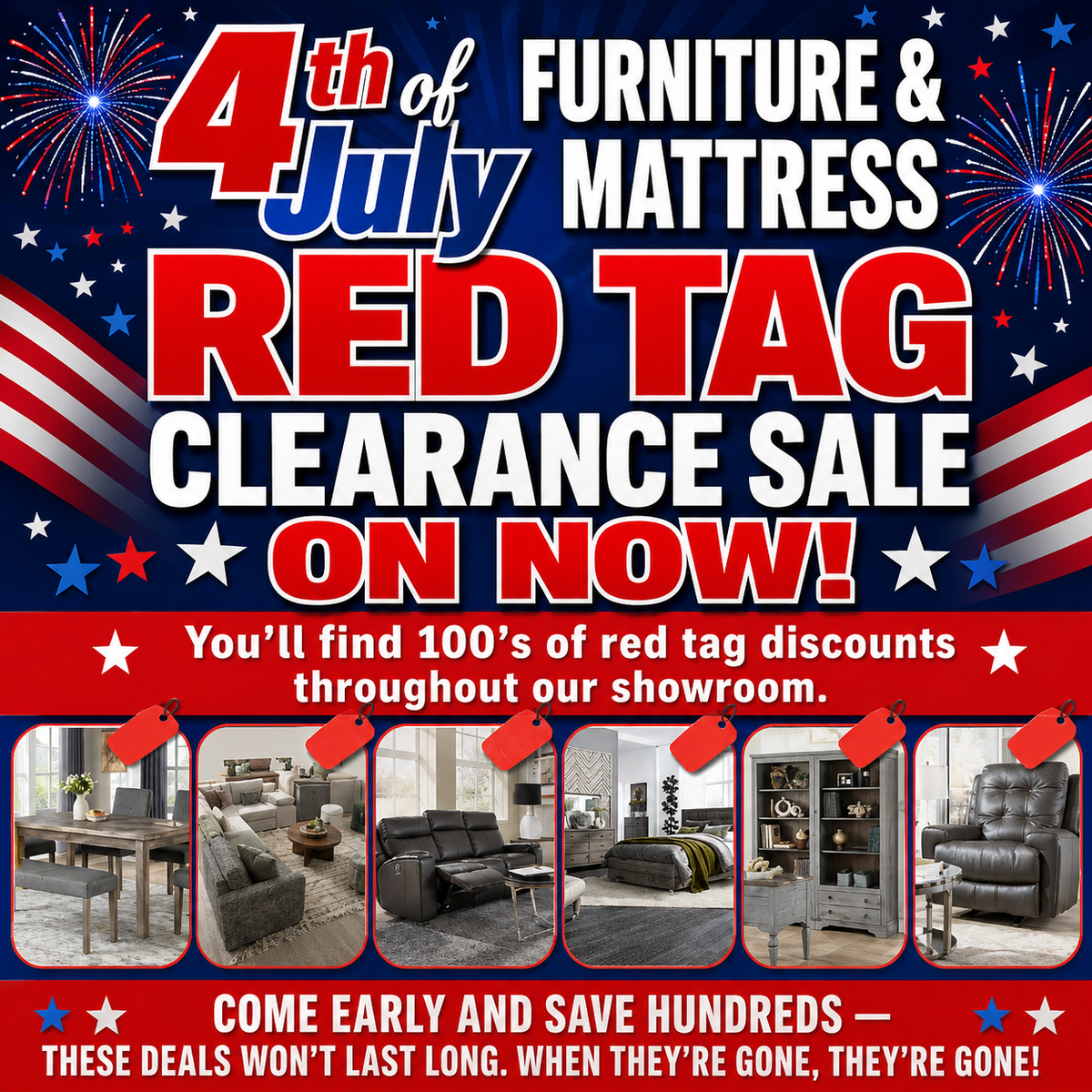 Promotional poster for 4th of July furniture and mattress clearance sale with American flag and fireworks.
