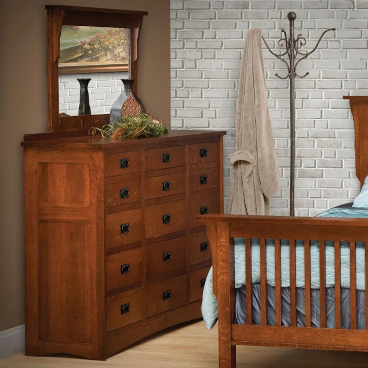 Mission 15-Drawer Solid Wood Triple Dresser with Landscape Mirror by Daniel's Amish